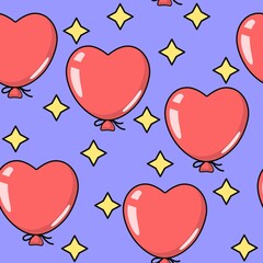 Seamless pattern. Festive red balloons and sparks on a blue background. Vector illustration