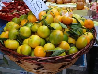 A big basket of freshly picked juicy citrus fruits with leaves on a local Mediterranean market morning.