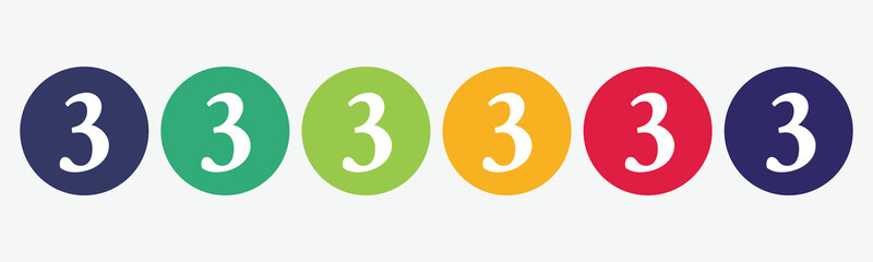 6 button circles set with the number three icon in various colors. Vector illustration.