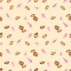 Seamless pattern with almond nuts and flower petals on a warm beige background. Watercolor hand painted elements. Cute and cozy artwork for fabric, wrapping paper, backdrops and home decor.