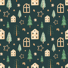 Watercolor Seamless pattern with Scandinavian houses and Christmas trees. New Year's home decorations.