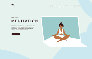 Landing page template for websites with vector illustration girl doing yoga exercising at home, online courses.