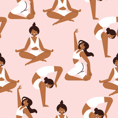 Vector illustration set with young women doing yoga exercising. Various of yoga poses. Seamless pattern.