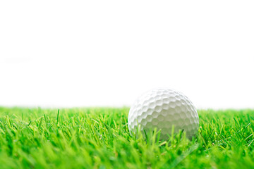 Golf ball and artificial grass on the white background.