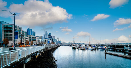 Seattle Waterfront, Seattle, WA USA - November 2018: View of Ocean waterfront from Pier 66, Seattle, Washington, USA