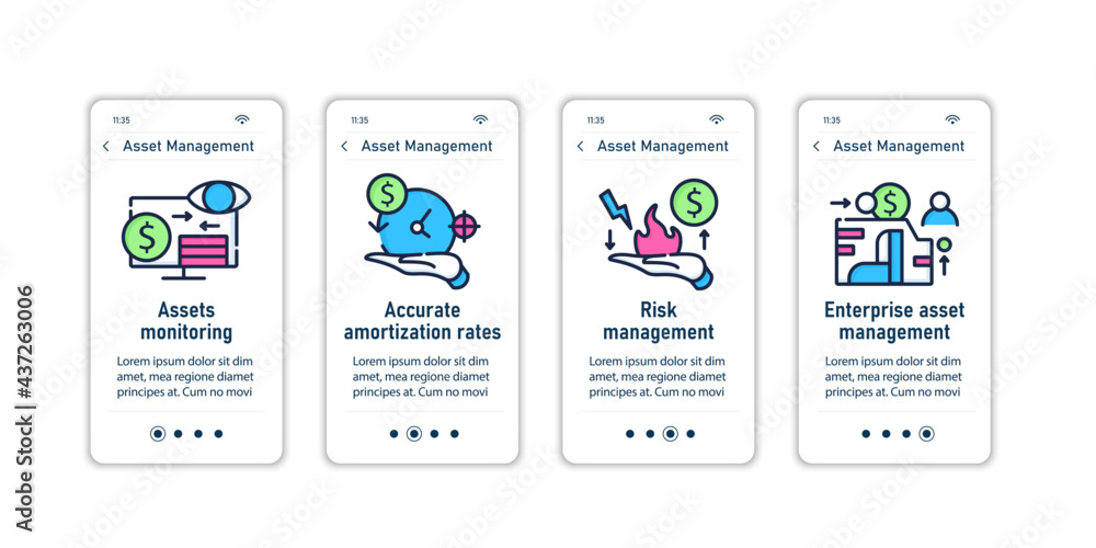 Poster asset management onboarding mobile app screens.monitoring, amortization rates, enterprise management