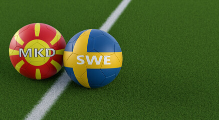 North Macedonia vs. Sweden Soccer Match - Leather balls in North Macedonia and Sweden national colors on a soccer field. Copy space on the right side - 3D Rendering 