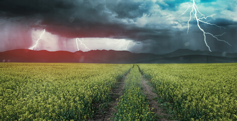 danger on the road concept of uncertainty and obscurity of future, storm and rural scene with dramatic sky