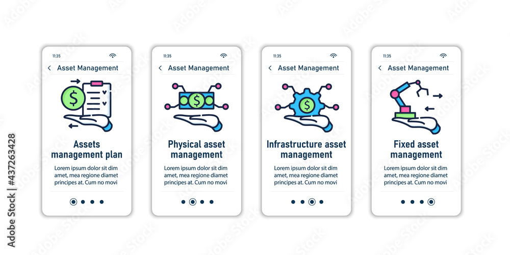 Poster asset management onboarding mobile app screens.infrastructure, fixed, physical management. control s