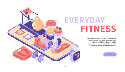 Everyday fitness - modern colorful isometric web banner