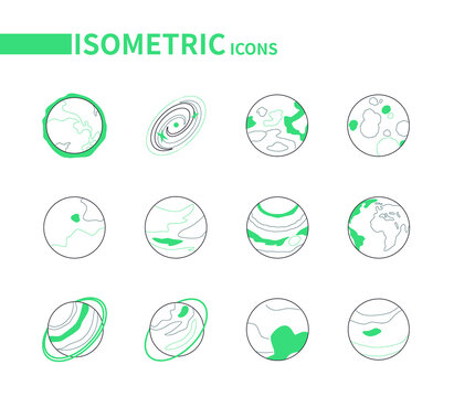 Solar system planets - line isometric icons set