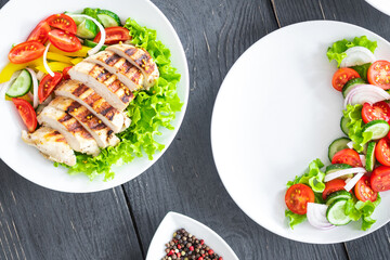 menu page salad appetizer snack vegetables, greek salad, grilled chicken salad, organic dish on the table healthy meal copy space food background rustic keto or paleo diet veggie vegan or vegetarian