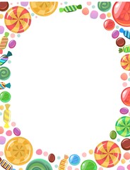 Sweets Oval frame. Assorted dessert. Candy caramel. Lollipops. Flat background isolated illustration. Vector..vertical. Vector