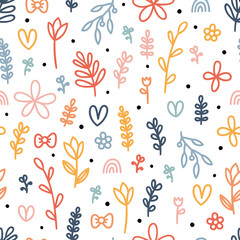 Hand drawn floral seamless pattern. Cute background with colored flowers and leaves. Scandinavian style. Simple graphic design