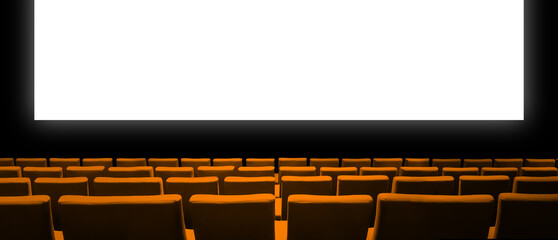 Cinema movie theatre with orange seats and a blank white screen. Horizontal banner