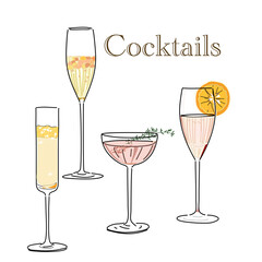 set of glasses of champagne, wine, cocktails and mock tails drawing vector

