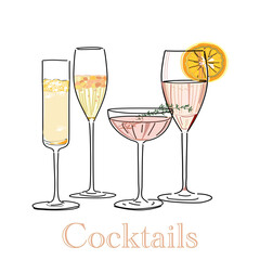set of  glasses of champagne, wine, cocktails and mock tails drawing vector