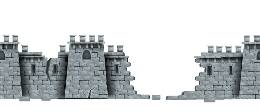 Stone castle wall, vector seamless medieval brick tower ruin background, isolated on white. Game fortification building, broken cracked fortress illustration. Castle wall fantasy historical wallpaper