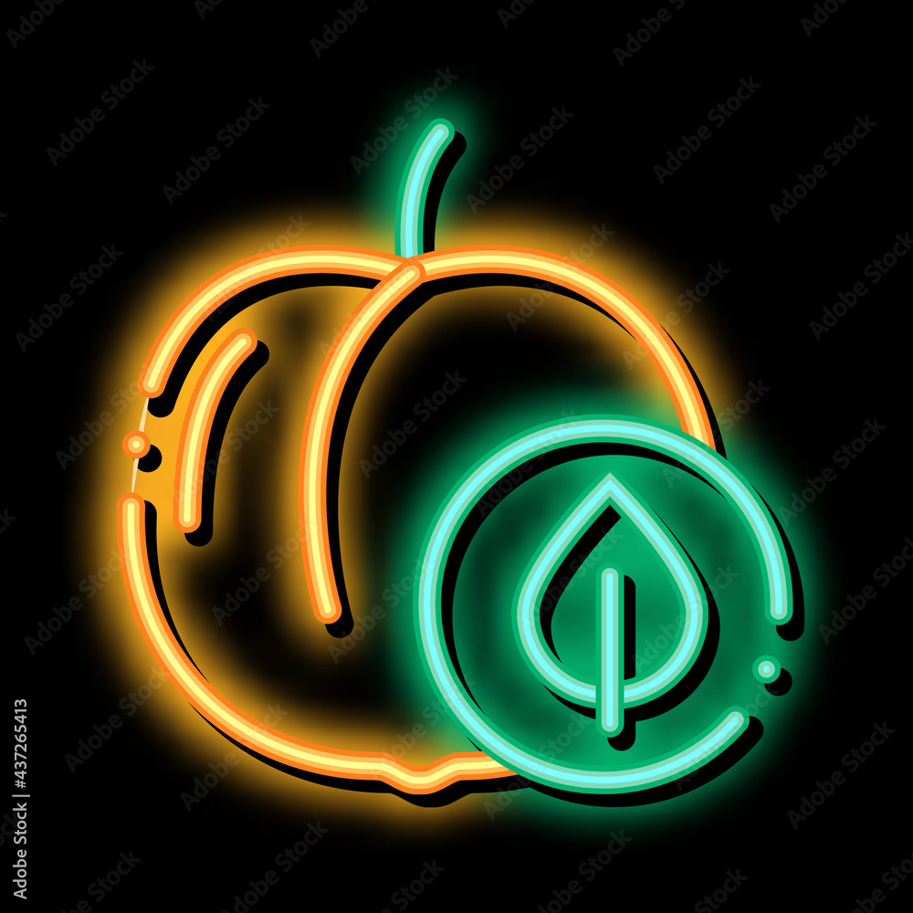 Sticker peach fruit leaf neon light sign vector. glowing bright icon peach fruit leaf sign. transparent symb