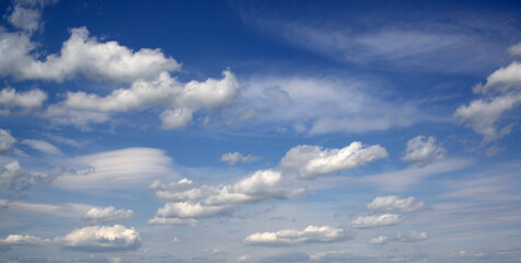 The sky after the rain. Beautiful cirrus clouds against a blue sky and small cumulus clouds in the lower tier.