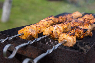 Home made shaslik on open fire. Shish kebabs is frying on the barbecue grill.	