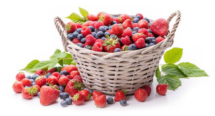 Basket with berries. Raspberries, strawberries and blueberries. Isolate