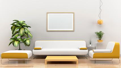 Horizontal frame mockup on the wall with modern yellow living room interior design.