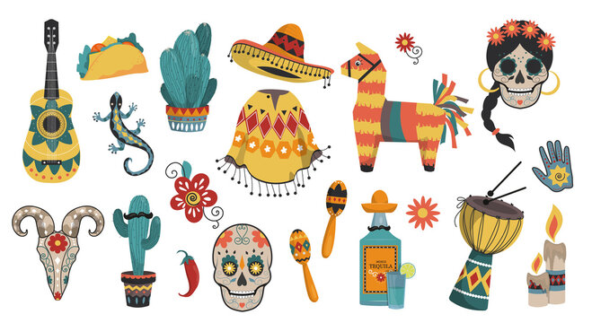 A large set of various Mexican elements. Elements of national color and culture. Isolated objects on a white background for your design.  Vector image, EPS10.