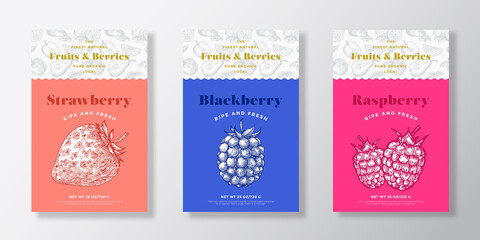 Fruits and Berries Pattern Label Templates Set. Vector Packaging Design Layout Collection. Modern Typography Banner with Hand Drawn Strawberry, Blackberry and Raspberry Sketches Background. Isolated