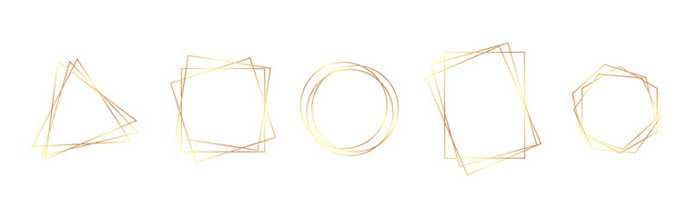 Gold frames collection. Wedding invitation elements. Shiny geometric borders on white background. Modern golden stripes. Luxury design templates. Vector illustration