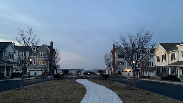 Hingham Shipyard Condos In The Sunset, Streets Lit By Streetlights