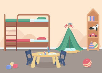Child bedroom for male toddler flat color vector illustration. Kids room with toys. Home furniture for comfortable lifestyle. Kindergarten room 2D cartoon characters with bunk bed on background