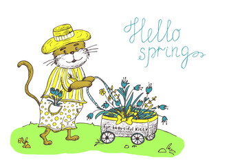 Color jpg spring cute print. Cartoony happy cat gardener with a cart of flowers. Work in the garden. Hand drawn digital funny greeting illustration. Lettering 
