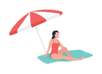 Sunbathing under sun umbrella semi flat color vector character. Relaxing figure. Full body person on white. Beach time isolated modern cartoon style illustration for graphic design and animation