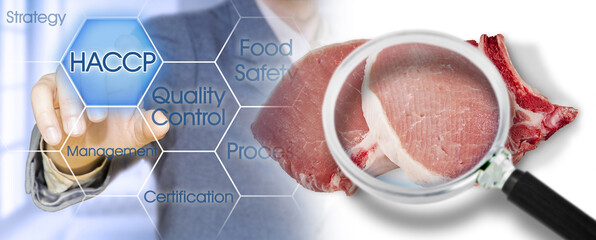 Fresh pork steak HACCP (Hazard Analyses and Critical Control Points) concept with image seen through a magnifying glass - Food Safety and Quality Control in food industry