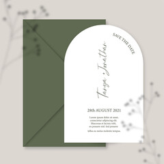 Modern wedding invitation, burnt green wedding invitation template, arch shape with Gypsophila shadow and handmade calligraphy.