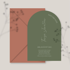 Modern wedding invitation, burnt green and pink wedding invitation template, arch shape with Gypsophila shadow and handmade calligraphy.