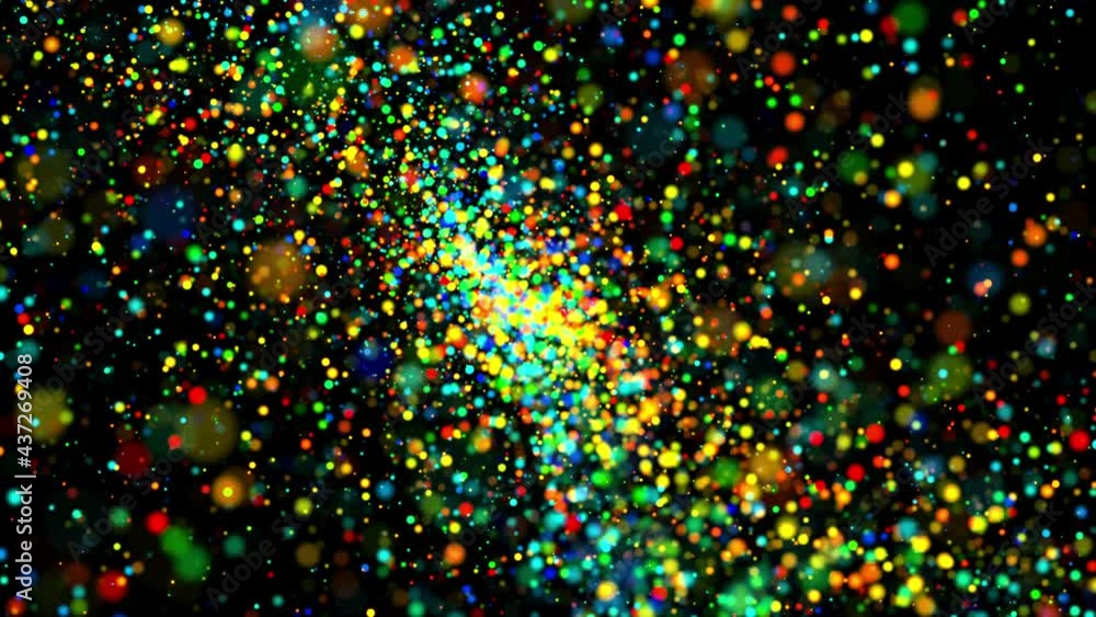 Poster abstract background in 4k with glitter magic multicolor particles fly and glow in viscous liquid wit