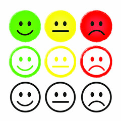 Vector illustration of facial expressions icon set. Emoticons positive to negative scal, neutral and negative. Red, yellow and green different moods. 