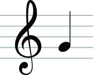 Black music symbol of G clef with note G or SOL on ledger lines