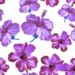 Fototapeta na wymiar Lavender Hibiscus Set. Pink Flower Plant. Purple Seamless Garden. Vanilla Vintage Backdrop. Pattern Plant. Watercolor Backdrop. Tropical Palm.