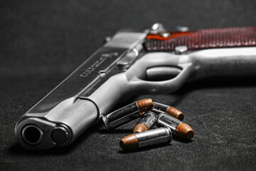 Automatic white gun stainless steel pistol weapon model m1911 with real bullet ammo head in black...