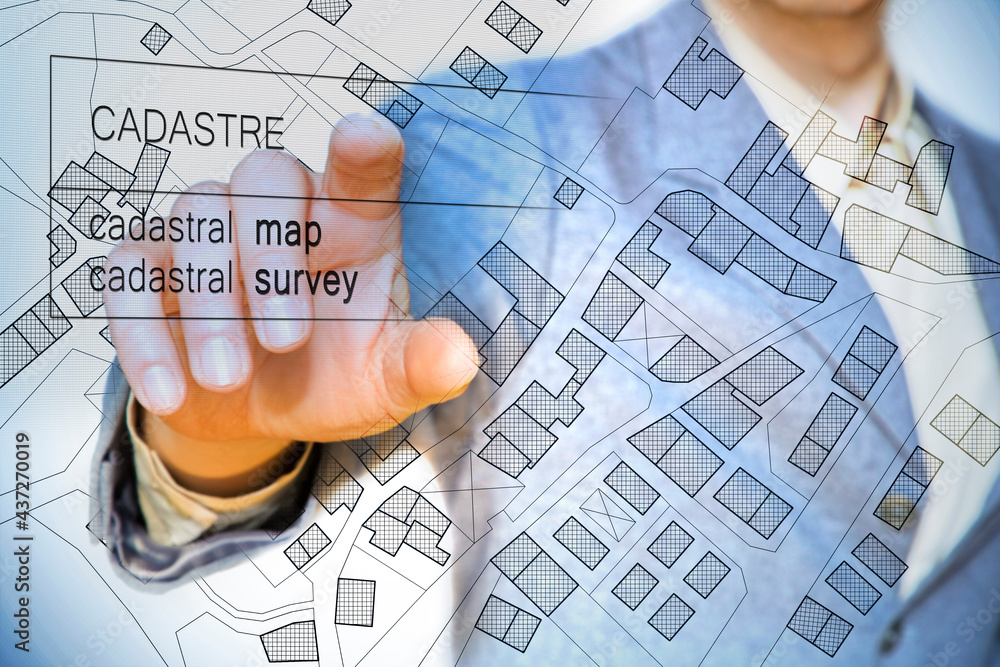 Poster imaginary cadastral map of territory with buildings and land parcel - land registry concept with bus