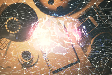 Double exposure of brain sketch and table top veiw. Concept of data analysis.