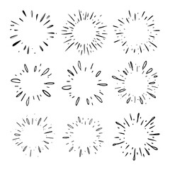 Star burst hand drawn doodles. Sunburst graphic design set. Handmade radial starburst illustrations.