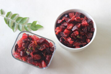 Stir fried beetroot and potato cubes with shallots, dry red chillies and curry leaves. A side dish for Kerala meals