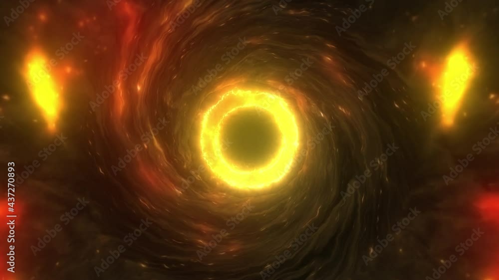 Wall mural abstract science technology loop background. luminous swirling orange plasma gas cloud to blackhole 