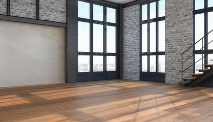 3d Illustation - Leerstehendes modernes Loft - Studio - Atelier mit großen Fenster und einer Treppe - helle Wohnung - obrazy, fototapety, plakaty