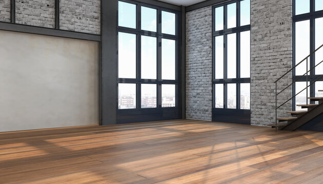 3d Illustation - Leerstehendes modernes Loft - Studio - Atelier mit großen Fenster und einer Treppe - helle Wohnung