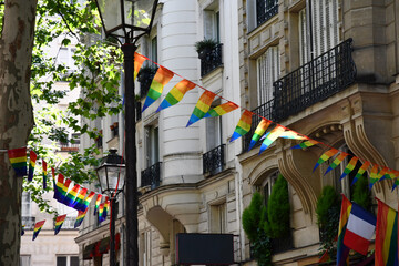 Decoration of triangle shape banners in colors of Lgbtq flags hanging between vintage lantern streetlights and ornate house with balconies. Gay pride parade symbols and French flag in Paris, France